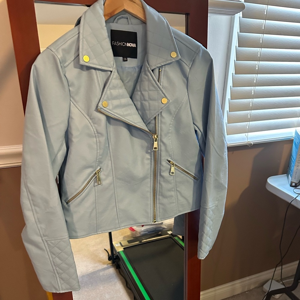 Fashion Nova Pale Blue Faux Leather Moto Jacket